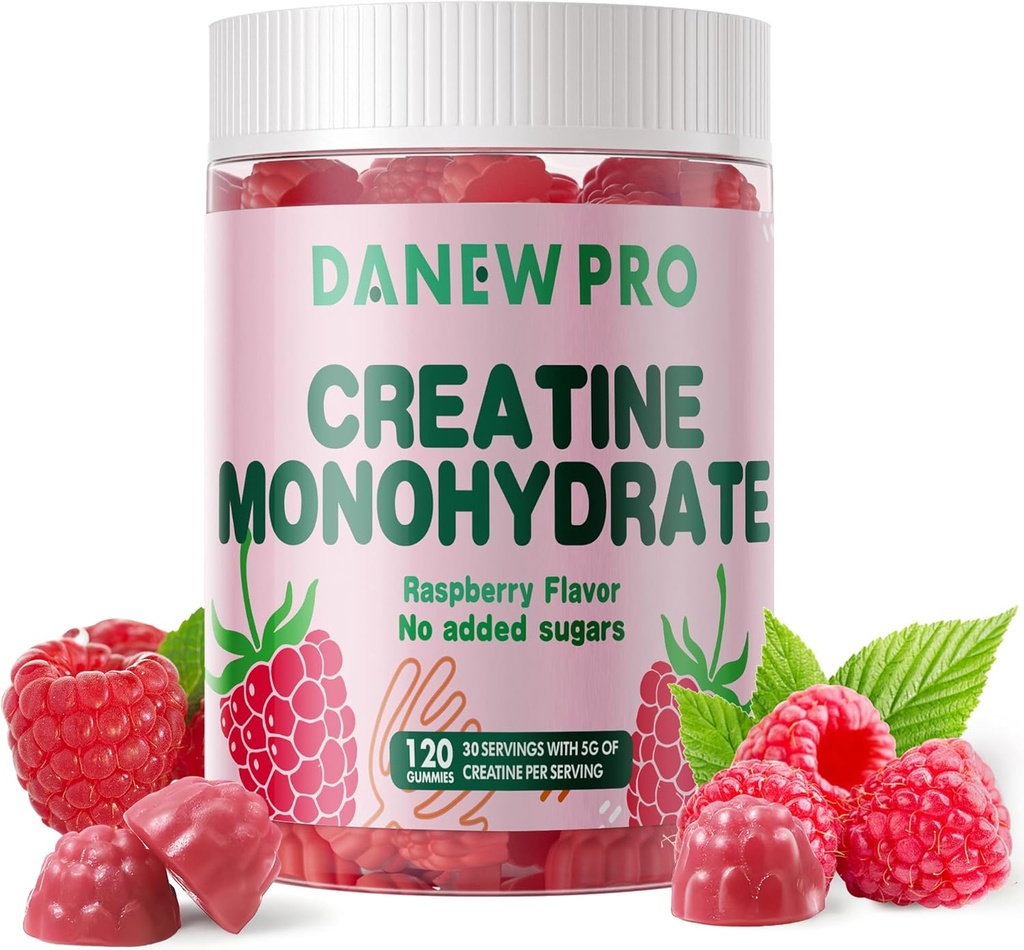 Creatin monohydrat Gummies for mænd & Women- 5g Creatin monohydrat per servering - Sukker fri, Vegan, Raspberry Flavor, 120 Tæl