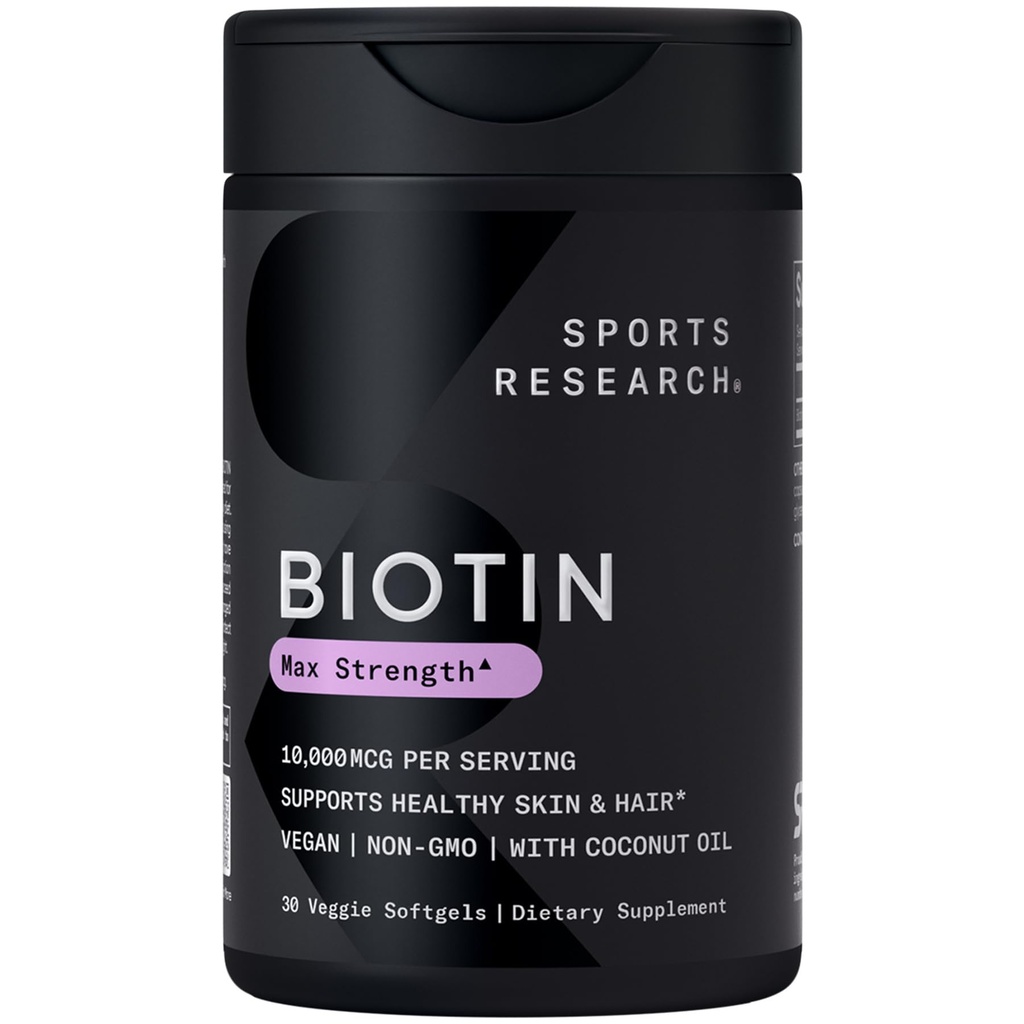 Sport Research ® Biotin 10,000mcg med økologisk kokosolie - Biotin (vitamin B7) for sund hud og hår støtte * - for kvinder og mænd - Vegan, non-GMO, gluten & soy- Free - 30 Veggie Softgels