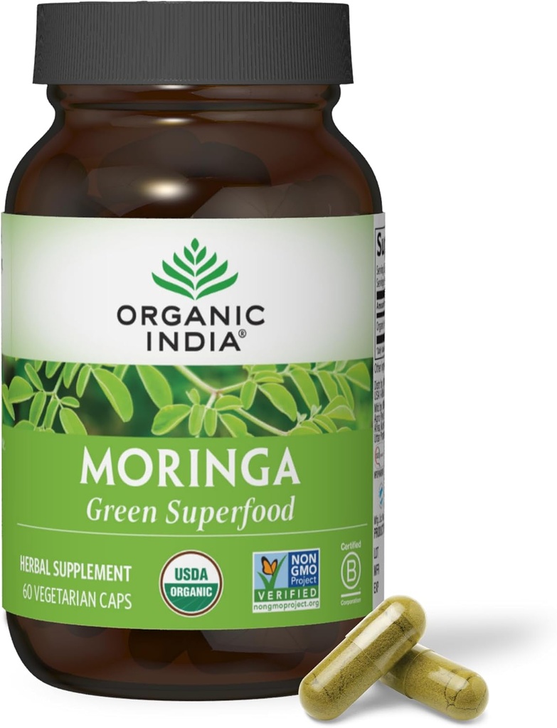 ORGANISKE INDIA Moringa Kapsler Organic - Moringa Supplement - Green Superfood, Moringa Leaf Kapsler, Pure Supergreen, Vegan Green, Nature 's Multivitamin, Vegan, Gluten- Free - 60 Kapsler