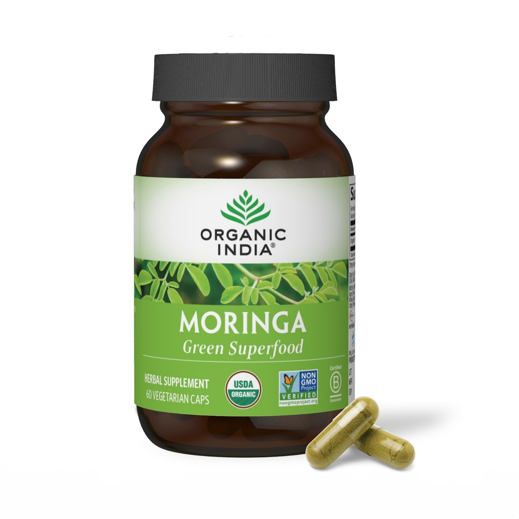 ORGANISKE INDIA Moringa Kapsler Organic - Moringa Supplement - Green Superfood, Moringa Leaf Kapsler, Pure Supergreen, Vegan Green, Nature 's Multivitamin, Vegan, Gluten- Free - 60 Kapsler