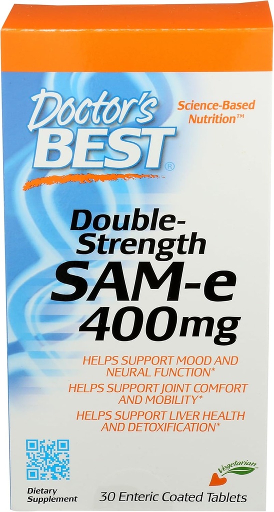 Doctor 's Best SAM- e 400 mg, Vegetar, Gluten Free, Soy Free, Mood and Joint Support, 30 Enteric Coated Tablets