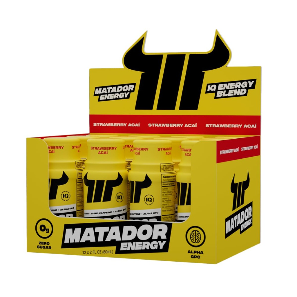 MATADOR Energy Shots Extra Strength Mini Energy Drinks w/B Complex Vitamins (Vitamin B12-B9-B6-B3), Alpha GPC Nootropic IQ Energy, Coffee Bean Extract Caffeine Shots, 24 Energy Drink Strawberry Acai