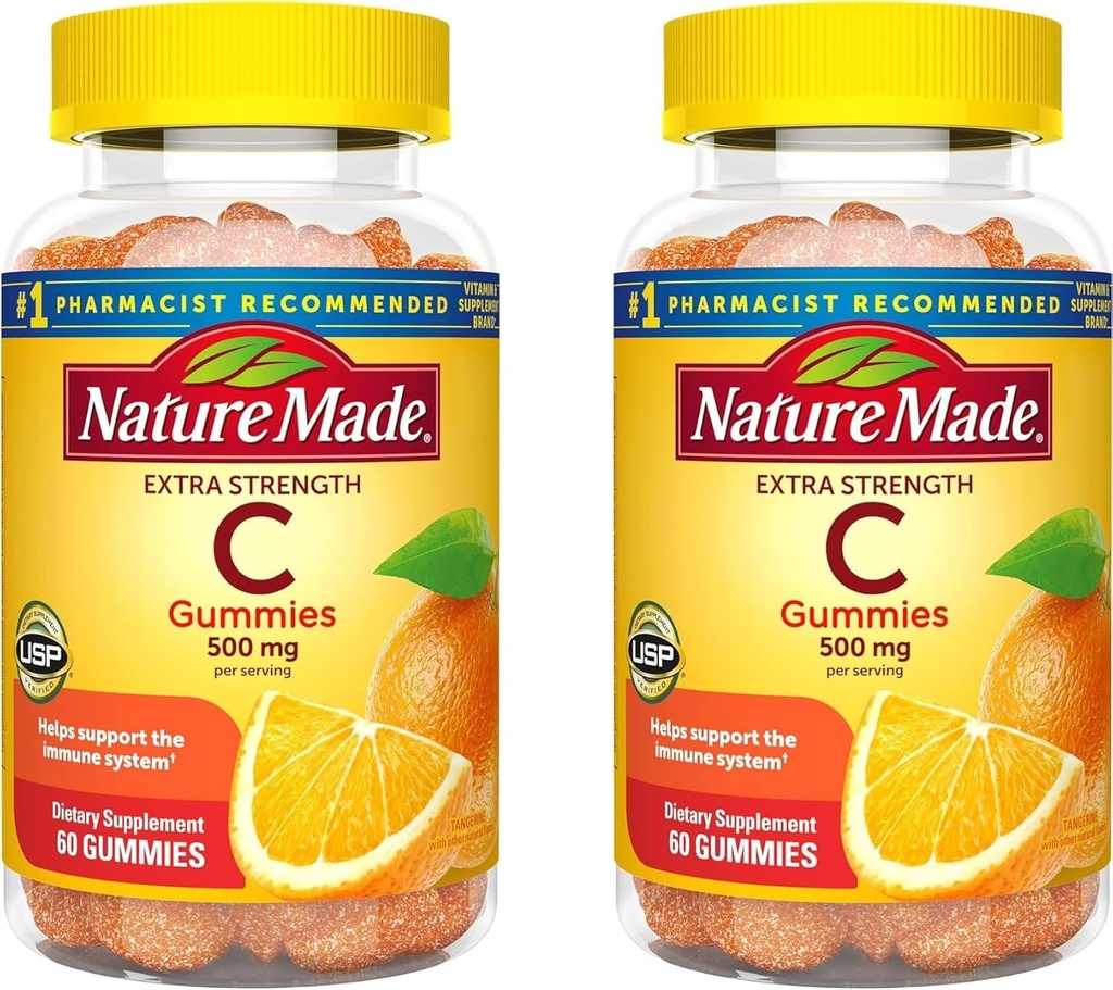Nature Made Extra Strength Dosering C 500 mg per servering, Kosttilskud til immunforsvar, 60 Gummies, 30 dages forsyning (pakke med 2)