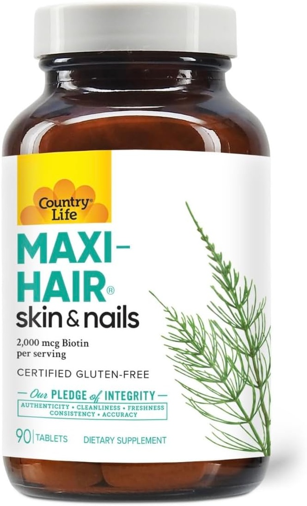 Country Life Maxi- Hair Supplement - 2000mcg biotin & vitaminer til hår, hud & negle - Certificeret Gluten- Free & Vegetar - Understøtter hårvækst, 90 tabletter