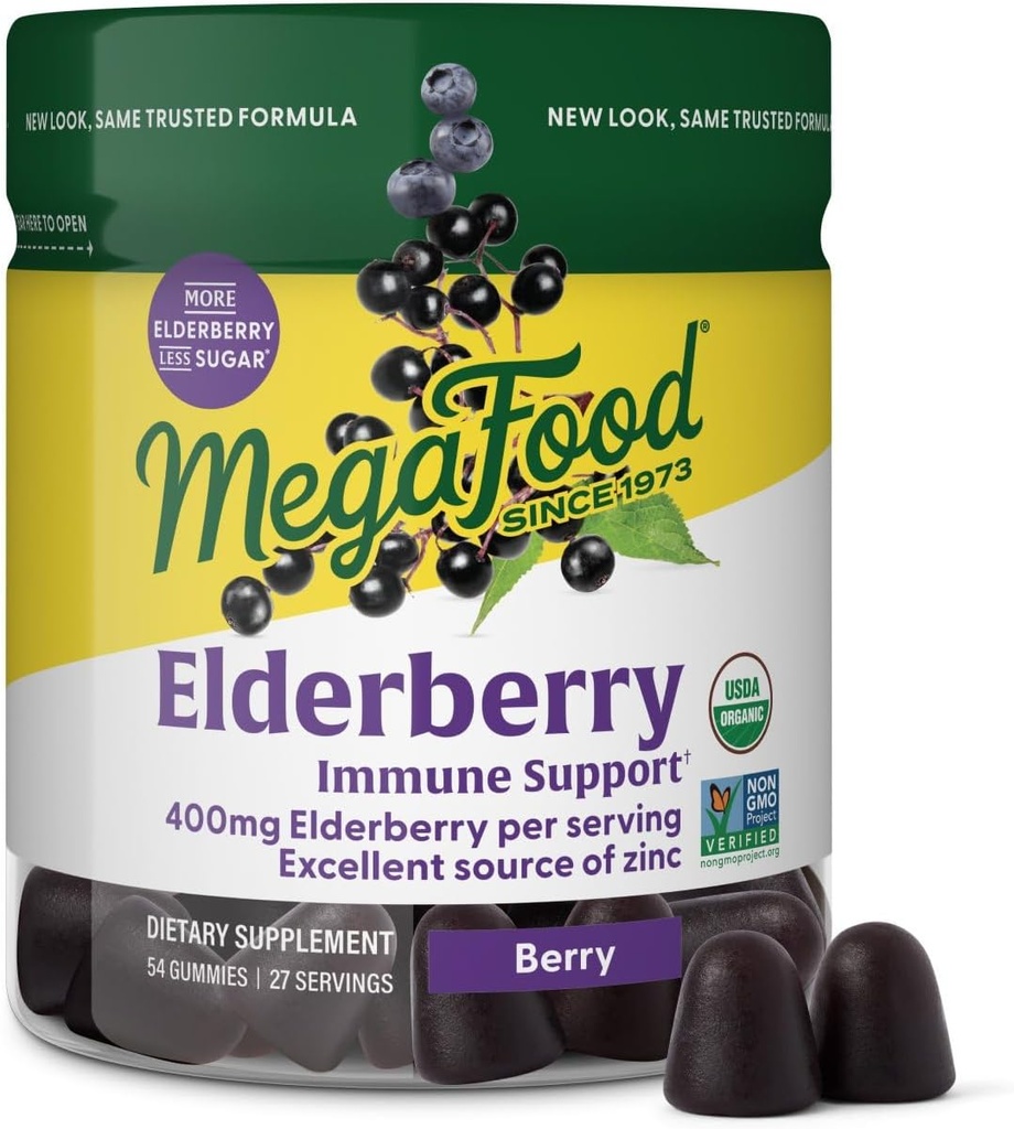 Megafood Elderberry Immunsupport - Vegansk Elderberry Gummies for voksne - Lavet med zink og real food - Pectin- baseret, Gluten- Free, USDA Organic - 54 Gummies, 27 Servere