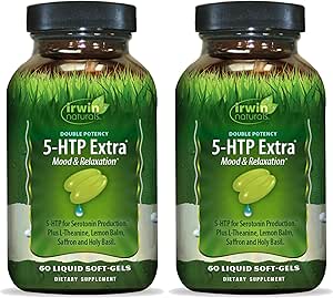 Irwin Naturals Double Potency 5- HTP Extra - 60 Flydende Soft- Gels, Pack af 2 - for Afslapning & Serotonin Produktion - 60 Total Servering
