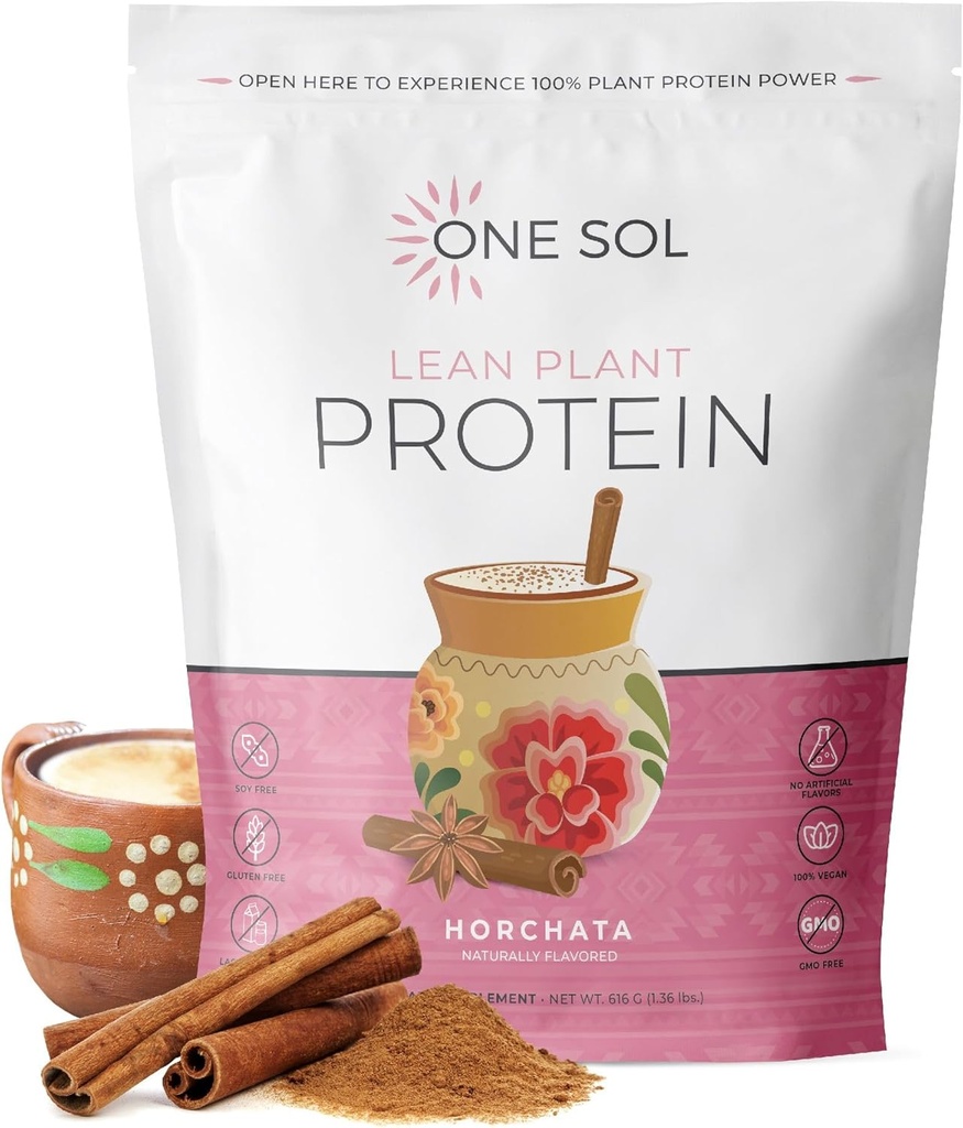 One Sol Lean Plant- baseret protein pulver, Pea & Brown Rice Protein, Low Carb, Vegansk Friendly - Gluten, Lactose, & Soy Free - Ingen tilsat sukker, ikke-GMO, Ren ernæring, Ingen bloating (Horchata)
