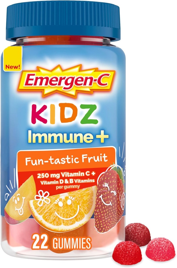 Emergen- C Kidz immun + immunforsvar Kosttilskud, Opløste Gummier med C-vitamin, B-vitaminer og D-vitamin til immunstøtte, Fun- Tastisk Frugtsmag Gummier - 22 Greve