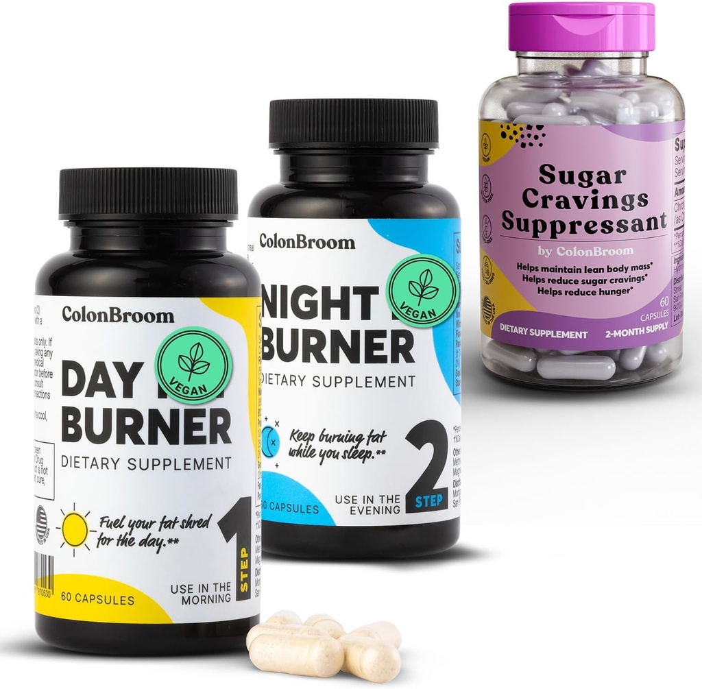 ColonBroom Dag & Nat Burner Kosttilskud, Vægt Management Pills (60 Servere) + Sugar Craving Suppressant - Chrom Picolinate 200mcg (60 Servere), 3 Genstande