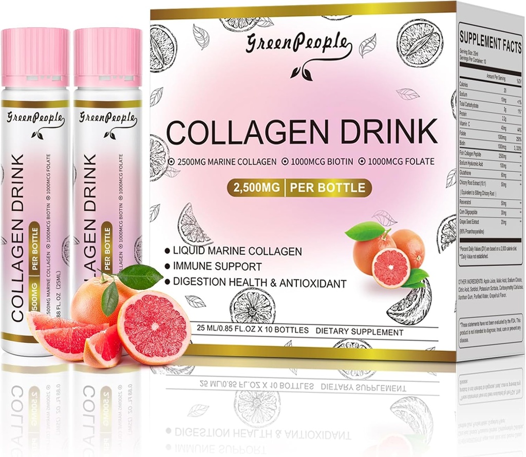 GREENPEOPLE Flydende kollagen til kvinder & mænd, 2500mg Fish Collagen Peptider + Hyaluronsyre + Vitamin B & C, hår hud negle Knogler Support (0,85 fl oz, 10 flasker, Grapefrugt)