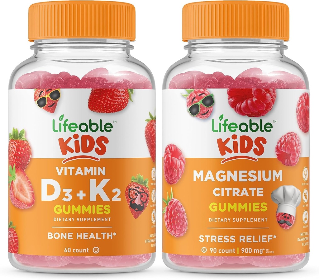 Lifeable Vitamin D3 + Vitamin K2 Kids + Magnesium Kids, Gummies Bundle - Great Tasting, Vitamin Supplement, Gluten Free, GMO fri, Chewable Gummy