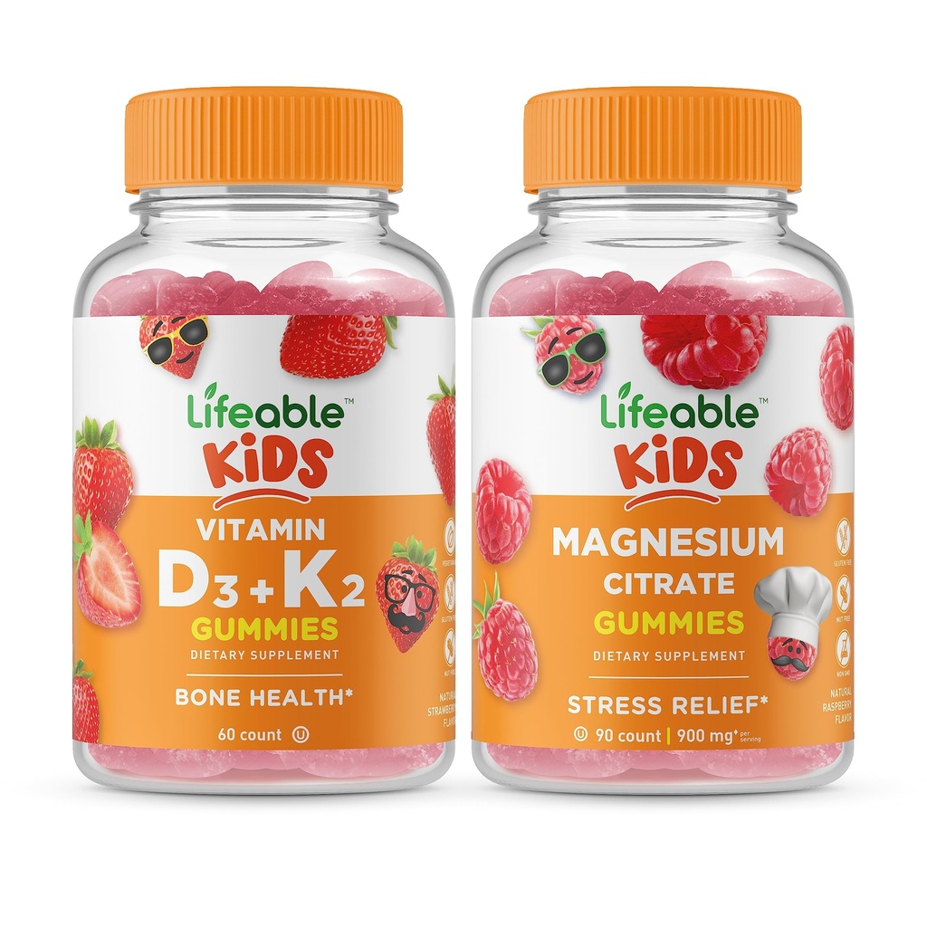 Lifeable Vitamin D3 + Vitamin K2 Kids + Magnesium Kids, Gummies Bundle - Great Tasting, Vitamin Supplement, Gluten Free, GMO fri, Chewable Gummy