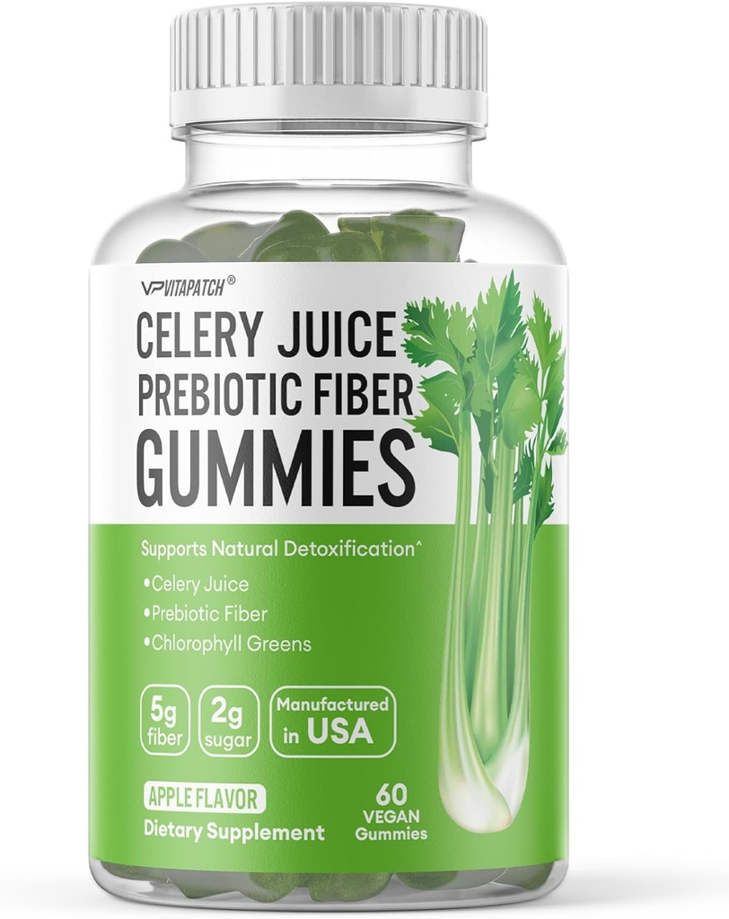 Selleri Juice Fiber Gummies for voksne - Prebiotic Selleri Juice Gummy for afgiftning Support & Supergreens Boost med Selleri Juice, Chlorophyll, & Prebiotic Fiber - 60 Greve