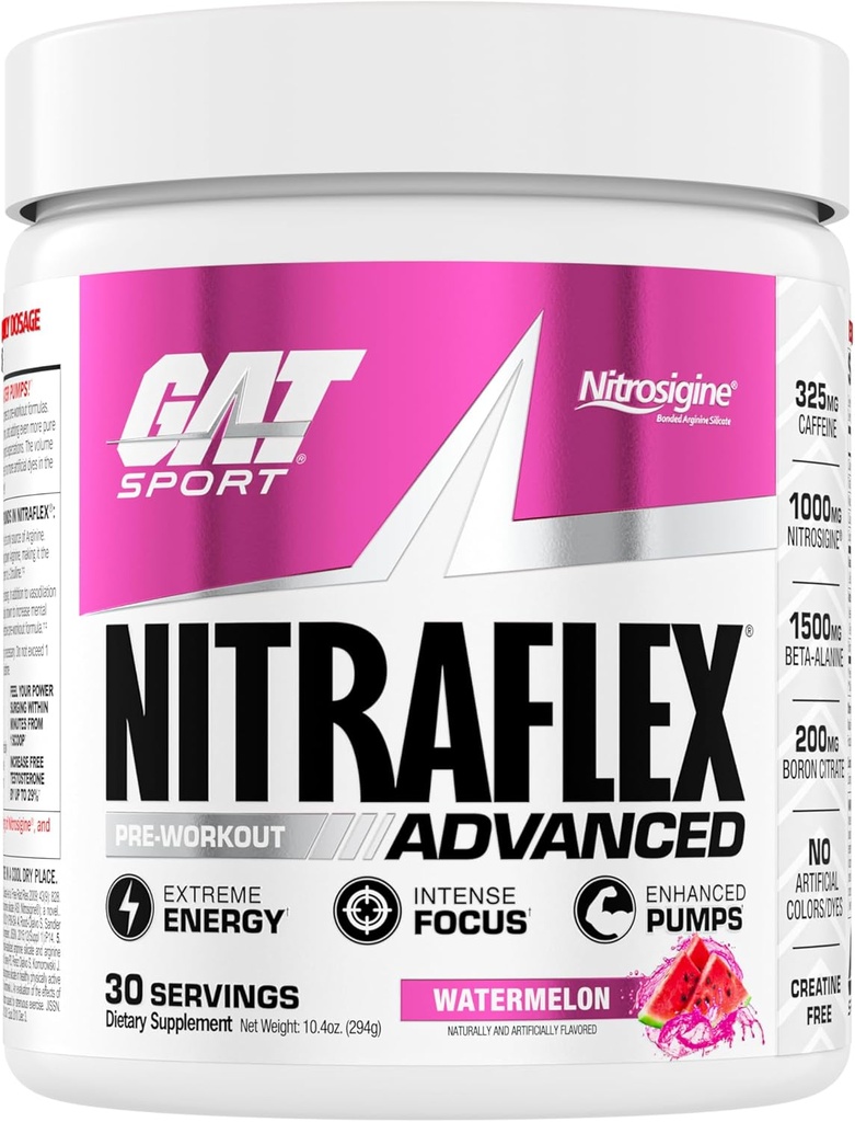 GAT SPORT Nitraflex Advanced Pre-Workout Powder, Increases Blood Flow, Boosts Strength and Energy, Improves Exercise Performance, Creatine-Free (Watermelon, 30 Servings)
