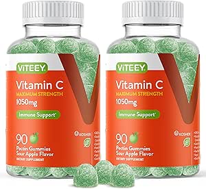 Viteey Chewable C-vitamin Gummies til voksne - 1050mg maksimal styrke immunforsvar supplement - Vegan, Gluten Free - 180 Tæl