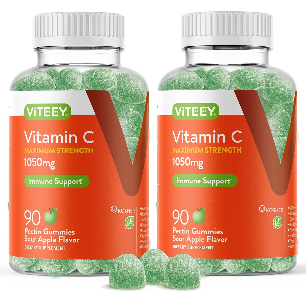 Viteey Chewable C-vitamin Gummies til voksne - 1050mg maksimal styrke immunforsvar supplement - Vegan, Gluten Free - 180 Tæl