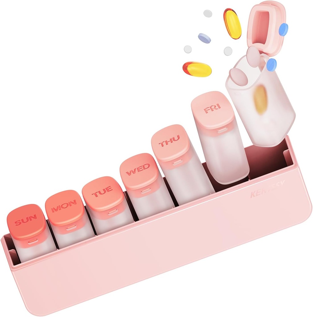 Ugentlig Pill Organizer 1 gang om dagen - Rejse Pill Box 7 Dage, Stor Medicin Pill Case Container for Daily Medication Vitamin Supplement Fish Oil, Bærbare Uge Pills Organizer Holder Dispenser, Pink