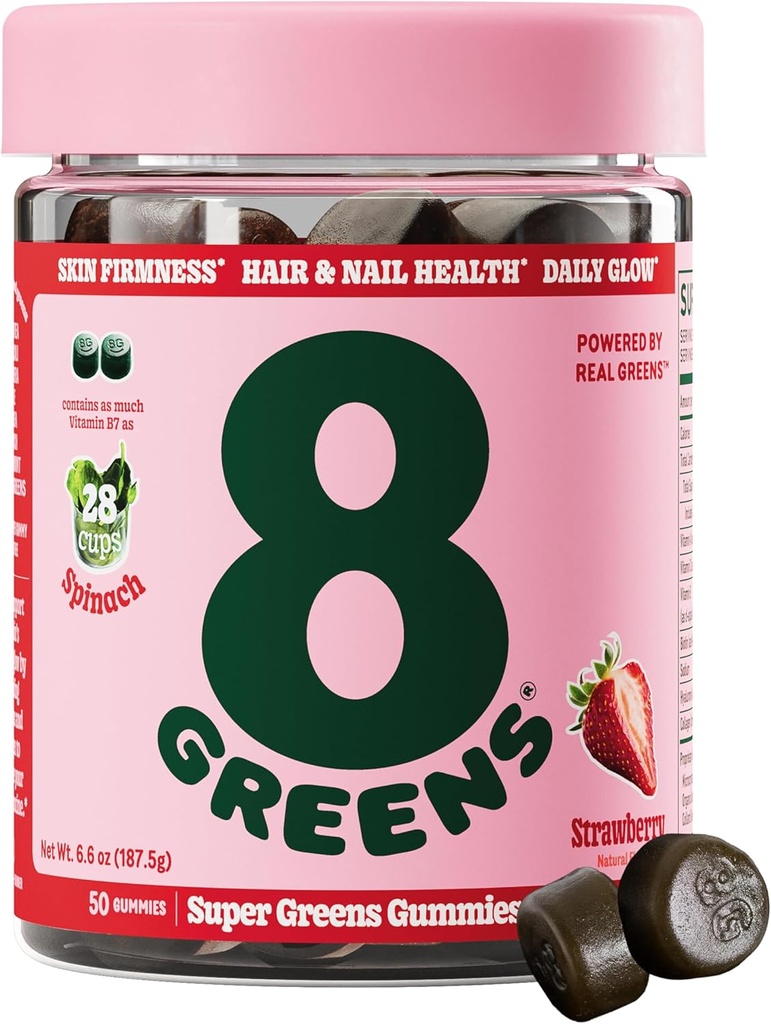 8Greens Supergreens Beauty Gummies med Collagen & Biotin Mester124; Super Green Powder Superfood Gummy til sund hud, hår, negle, Glow, og Firmness, Superfood Booster, Strawberry Flavored, 50 Greve