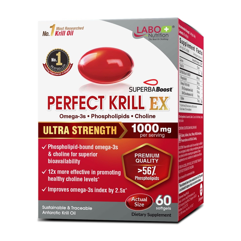 Labo Nutrition Perfect Krill EX, 1000mg antarktisk krill Oil Omega 3 EPA DHA, Højeste fosfolipider (over 56%) med Cholin, Astaxanthin • 124; Heart Brain Eye fælles sundhed, Lavet i USA, 60 bløddele