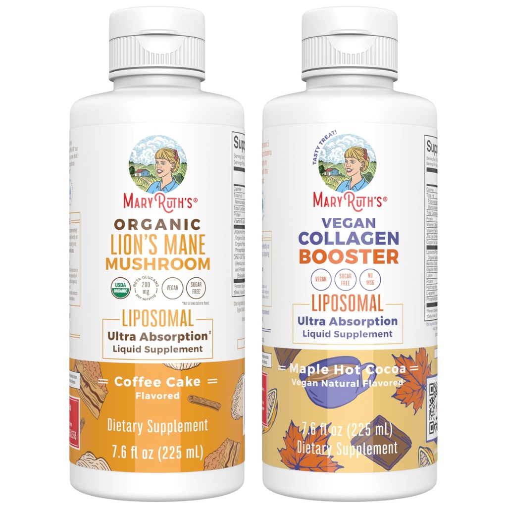 MaryRuth Organics Lions Mane Liposomal (Coffee Cake) & Collagen Booster Liposomal (Maple Hot Cacoa) Clean Label Project Verified ® Vitaminer for Cognitive Support, Beauty & Joint Health, Vegan, Non- GMO