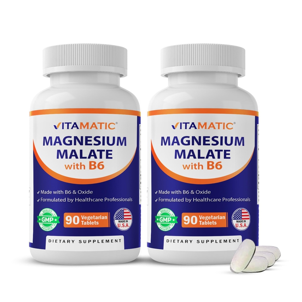 Vitamatic Magnesium Malat 2000mg per servering - 90 Vegetariske tabletter - Tilføjet B6 for maksimal absorption - Understøtter muskel, fælles, og hjerte sundhed * (2 flasker, uden smag)
