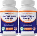 Vitamatic Magnesium Malat 2000mg per servering - 90 Vegetariske tabletter - Tilføjet B6 for maksimal absorption - Understøtter muskel, fælles, og hjerte sundhed * (2 flasker, uden smag)