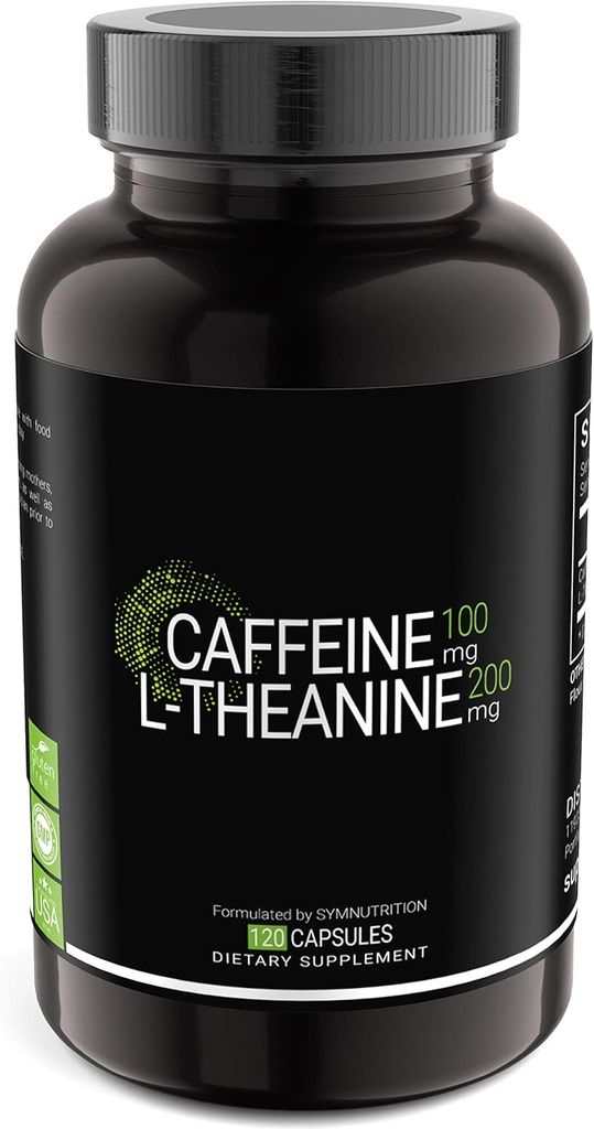 SYMNUTRITION Caffeine 100mg, L-Theanine 200mg — 120 Count (V-Capsules) / 120 Servings: Manufactured in a cGMP-Registered Facility in USA; Vegan & Gluten Free