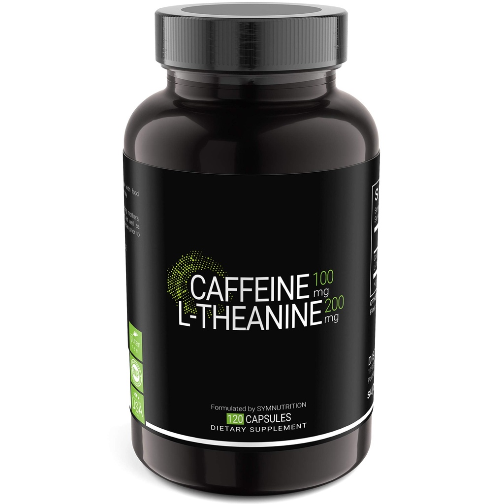 SYMNUTRITION Koffein 100mg, L- Theanine 200mg - 120 Count (V- Kapsler) / 120 Servering: Fremstillet i en cGMP- Registreret facilitet i USA; Vegan & Gluten Free