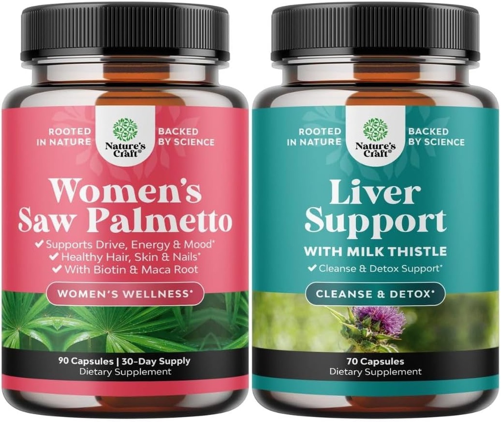 Bundle of Extra Strength Saw Palmetto for kvinder og lever rense Detox & reparation Formel - DHT Blocker Thickening Hår Vitaminer til hårtab for kvinder - Silymarin mælk tidsel lever Detox 70 Kapsler