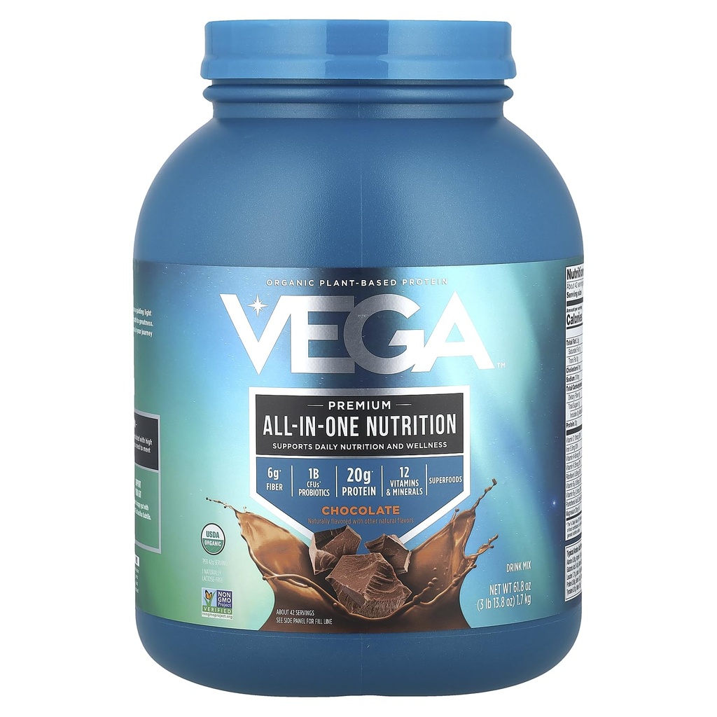 Vega All in One Nutrition Organic - 20g Plant- Based Pea Protein, Chokolade, 42 Servering, Vitaminer A & C, Probiotika, Grønne, Vegan, Keto, Gluten Free, 61.8oz (Packaging May Vary)