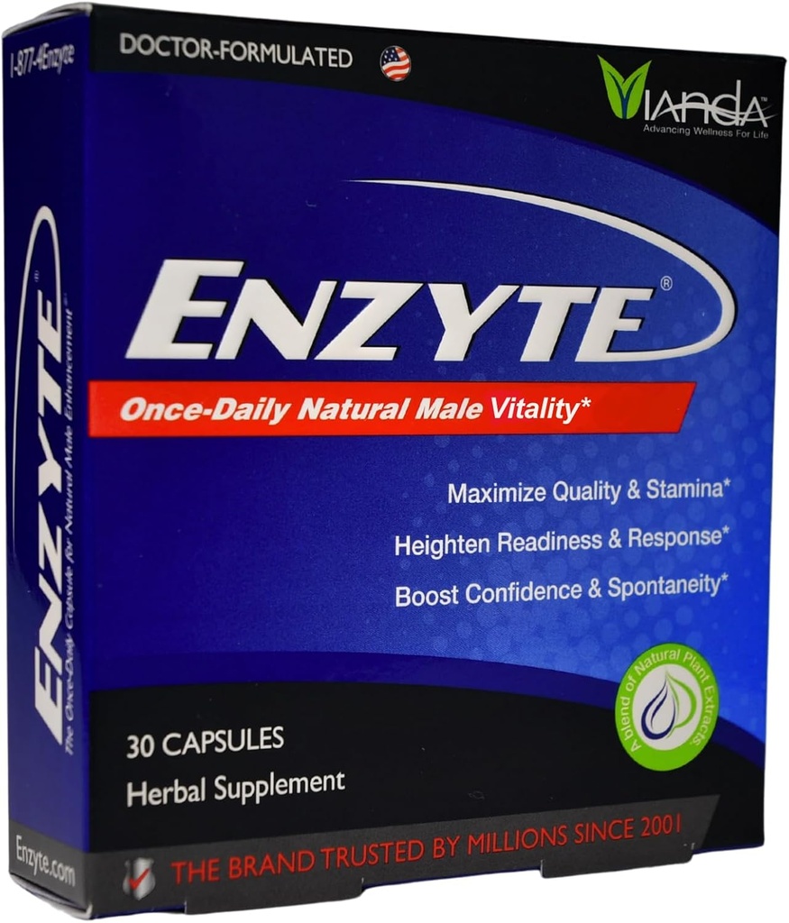 Enzyte ® Natural Mandlig Vitality Support Medical 124; Dagligt tillæg for mænds sundhed med asiatiske Ginseng, Ginkgo Biloba, Grape Seed, Epimedium, Muira Puama - 30 kapsler, 30 dages forsyning