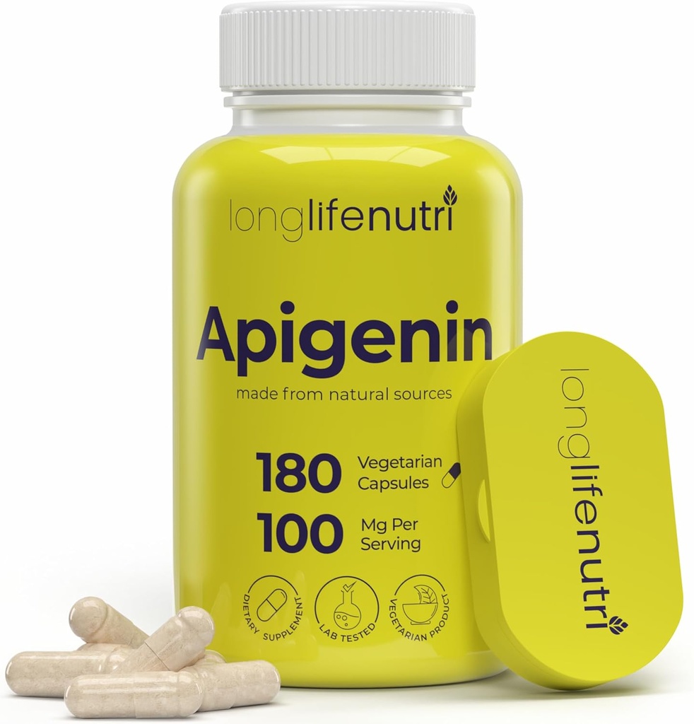 LongLifeNutri Apigenin 100mg - Natural Bioflavonoid from Chamomile Extract, 180 Vegetariske Kapsler, Supplement for søvn, Mood, & Afslapning, 6-måned Supply, GMP Certified, Made in USA