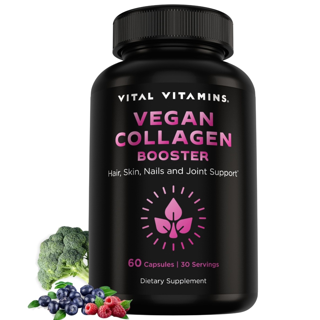 Vital Vitamin Vegan Collagen Booster - med Silica og Hyaluronsyre - Plantbaserede Collagen Kosttilskud - Understøtter hår, hud, negle og joints - 60 kapsler