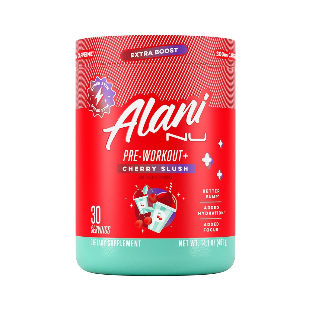 Alani Nu Pre Workout + Powder Cherry Slush, Extra Boost, Sugar Free, 300mg Koffein, L- Theanine, Beta- Alanine, Citrullin, 30 Servere