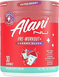 Alani Nu Pre Workout + Powder Cherry Slush, Extra Boost, Sugar Free, 300mg Koffein, L- Theanine, Beta- Alanine, Citrullin, 30 Servere