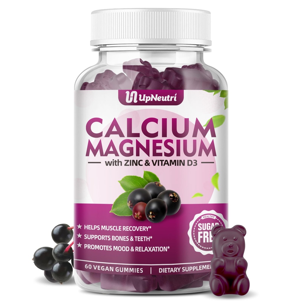 Calcium Magnesium Zink med D3- vitamintilskud, sukkerfri kalciumgummier til kvinder Mænd, høj Absorption Zinkgummier til ben & muskel & immunforsvar, Vegansk Elderberry Flavor - 60 Greve