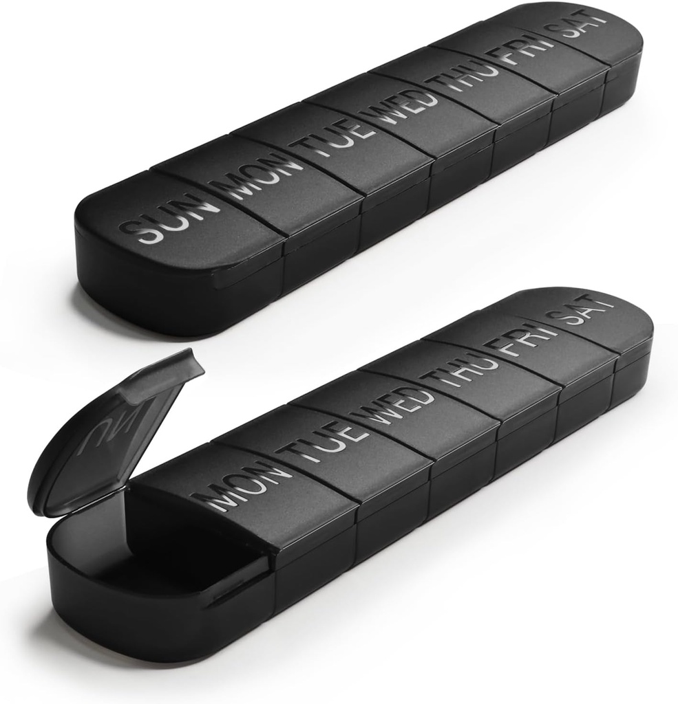 Stor Ugentlig Pill Organizer, 2-Pack 7 Dag Pill Box med indgraveret etiketter, Fade resistent, BPA- Free gennemsigtig låg (sort & sort)
