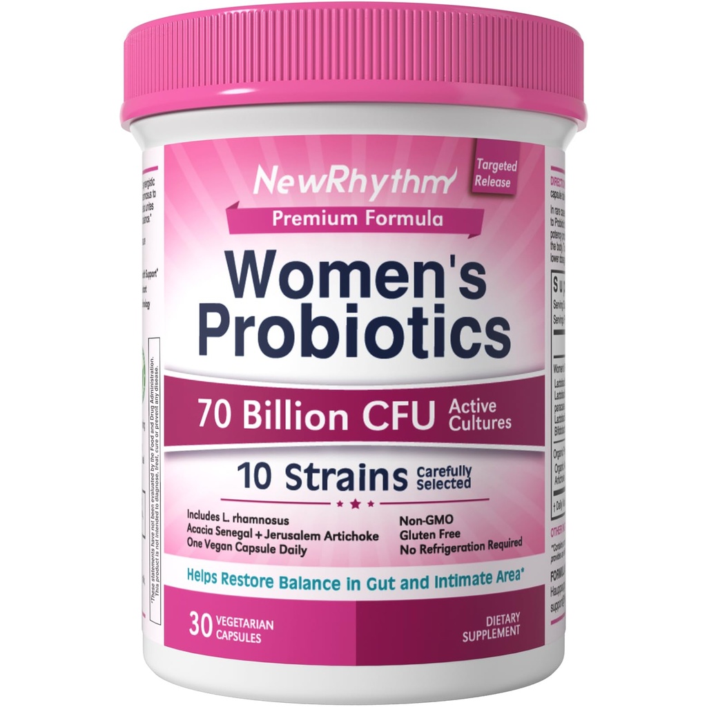 NewRhythm Kvinder Probiotika, Økologisk Prebiotika, 70 Millioner CFU 10 Strops, Vaginal Probiotika til Urinary & fordøjelsessygdomme, 30 Veganske Kapsler, Ingen Bloating