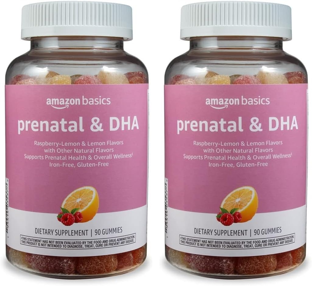 Grundlæggende Prenatal & DHA Gummy, Rasberry & Lemon Flavor, 90 Count (Tidligere Solimo) (Pack of 2)