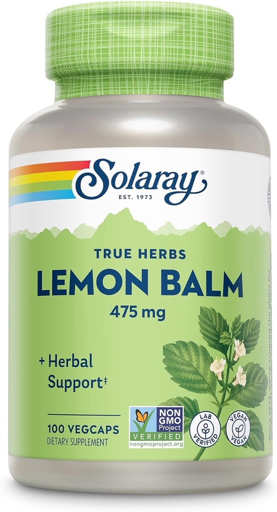 SOLARAY Lemon Balm Aerial 475 mg - Healthy Mental Calm and Relaxation and Rest Support - Whole Aerial for Full Nutrient Profile - Non-GMO, Vegan - 100 Servings, 100 VegCaps