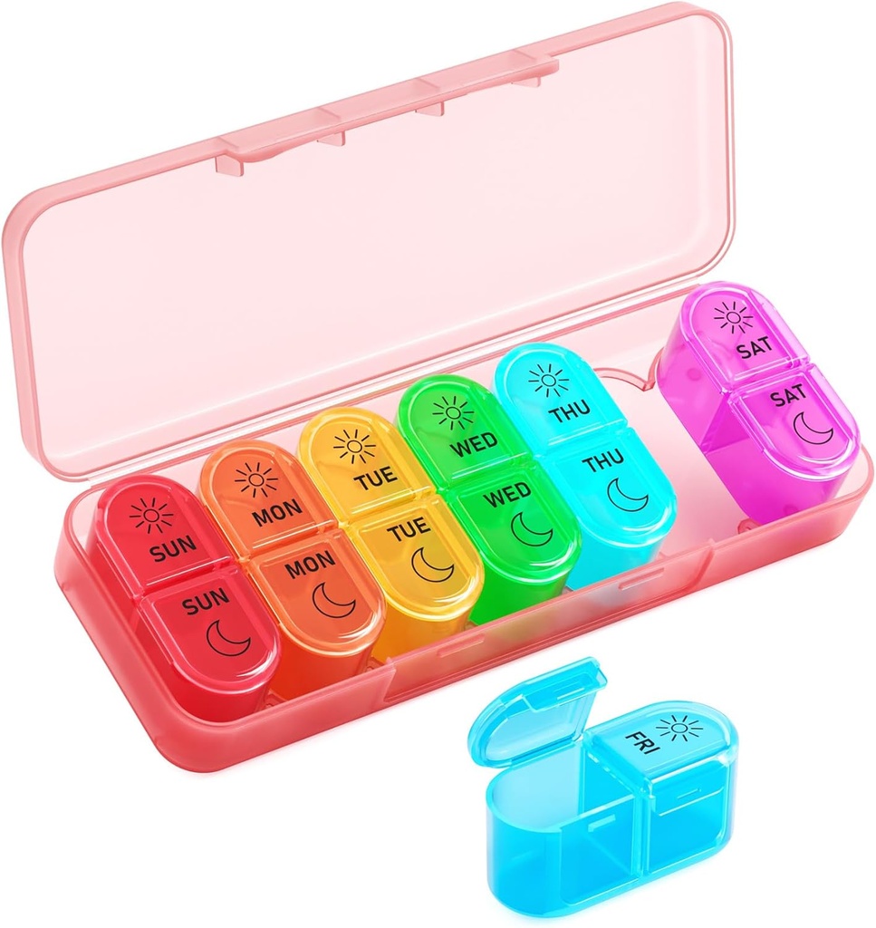 Betife Ugentlig Pill Organizer 2 gange om dagen, 7 dages Pill Box AM PM, Bærbar rejse Pill Case, Daglig Pill Container Dag og nat, Medicin Organizer for Medicin, Vitamin eller supplement