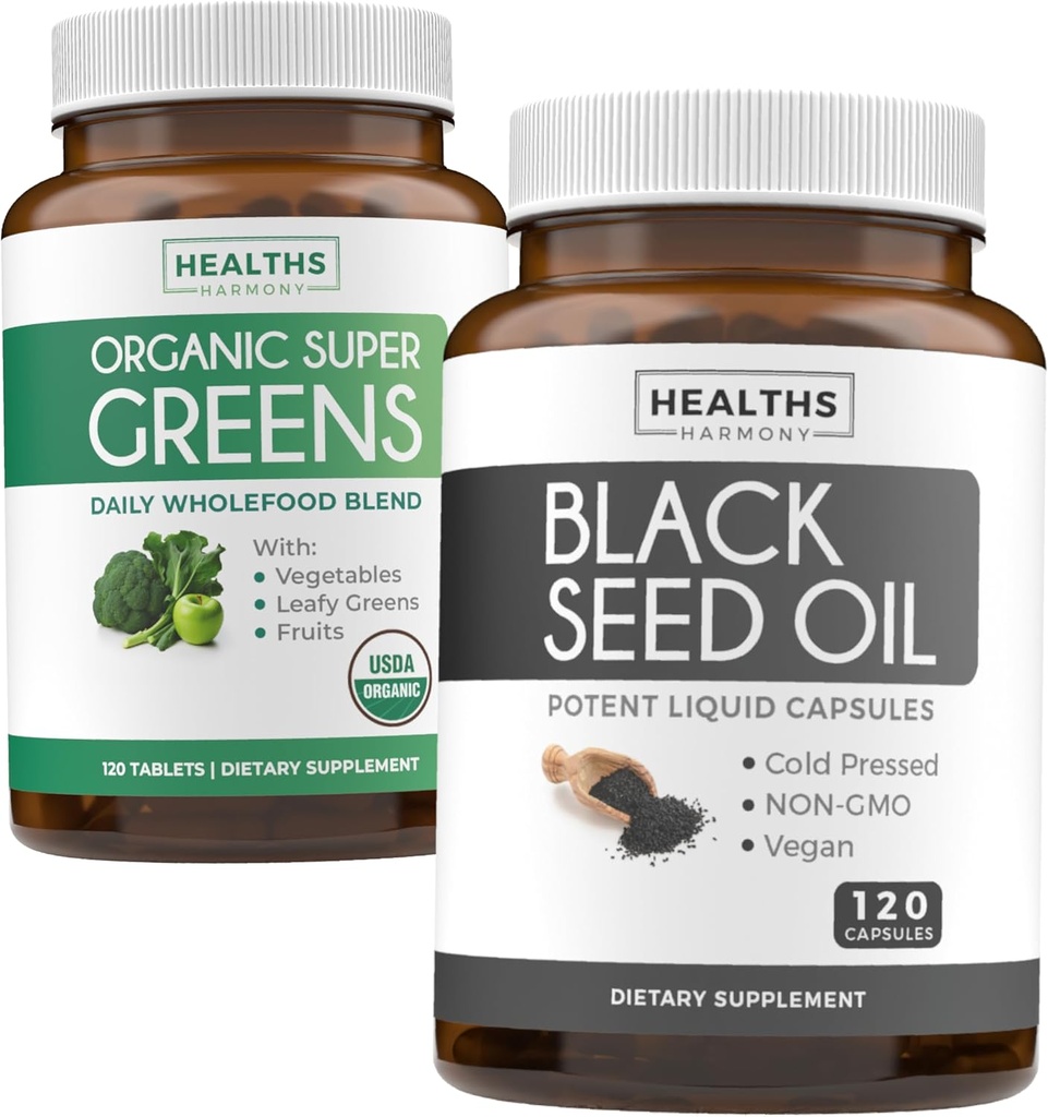 Super Green & Black Seed (2-måned Supply) Green Oil Synergy Bundle of Organic Super Green Powder - Komplet Superfood (120 kapsler) & Black Seed Oil - Cold- Pressed Nigeilla Sativa (120 Caps)
