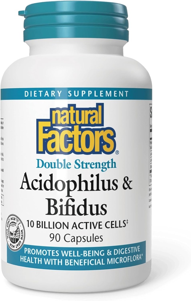 Naturlige faktorer, Acidophilus & Bifidus Dobbelt Styrke, Probiotisk og Prebiotisk Formel, 90 Kapsler