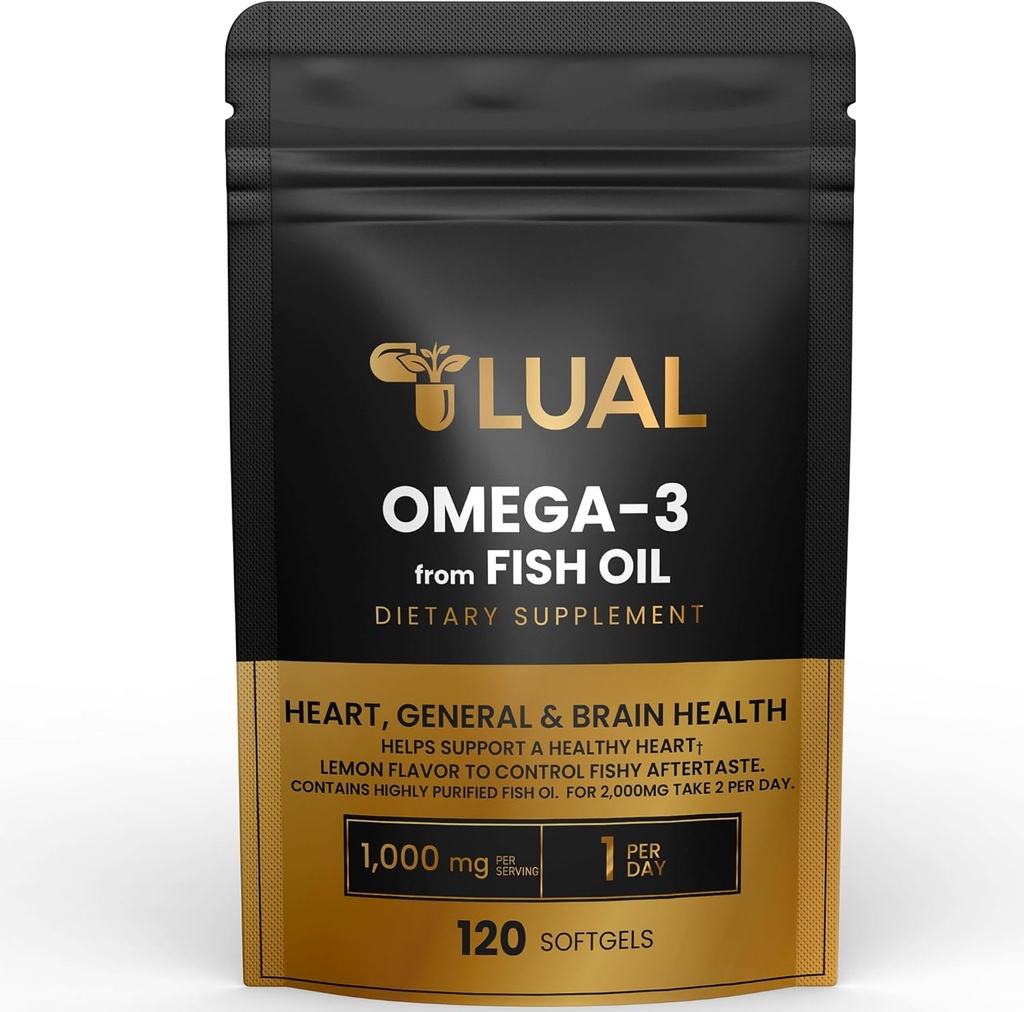 LUAL Omega-3 Fish Oil Softgels – 1000mg with EPA and DHA, Lemon Flavor, Burpless, Non-GMO Formula for Heart, Brain, and Overall Wellness – 120 Count