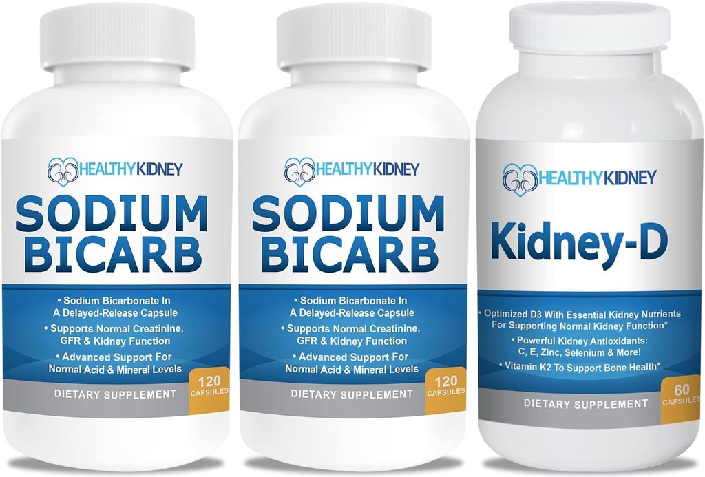 Natriumbicarbonat 650mg kapsler til syrelindring, alkalinitet 120 piller 2- Pack + Kidney- D Nyretilskud. D-vitamin optimeret til nyrestøtte.