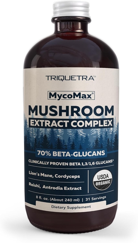 MycoMax Mushroom Complex - 70% Beta Glucans, Max Potency Mushroom Supplement, US Grown + Ultrasonisk Extraction - Lions Mane, Cordyceps, Reishi & mere - fremmer kognition, Immunitet, energi - 8 oz.