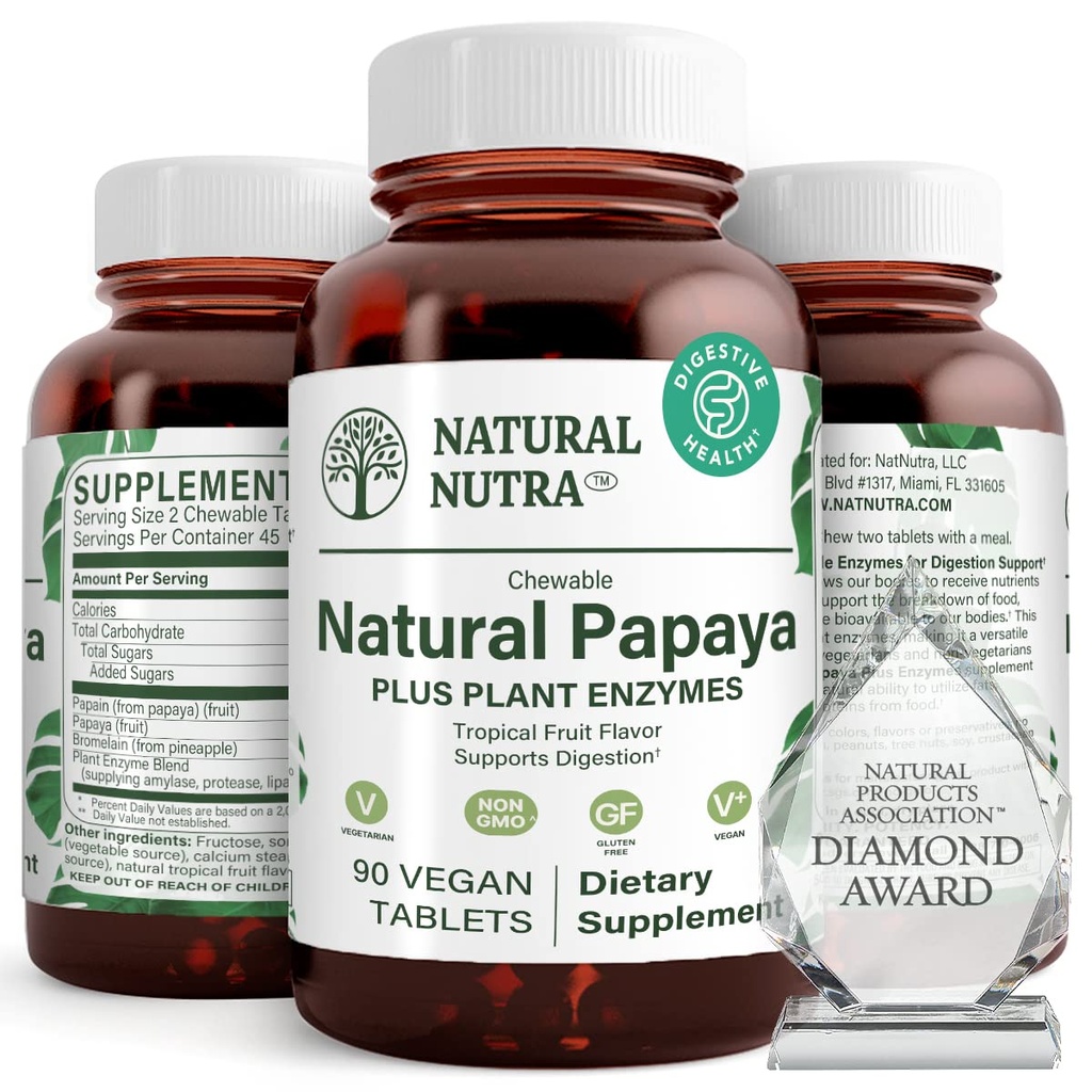 Naturlige Nutra Papaya Chewable Enzymer til fordampning og kropssensning - Understøtter fordøjelsessygdomme, Let Gastrointestinal discomfort - Nutrient Absorption and Reduces Bloating - 90 Vegan tabletter