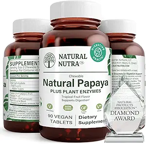 Naturlige Nutra Papaya Chewable Enzymer til fordampning og kropssensning - Understøtter fordøjelsessygdomme, Let Gastrointestinal discomfort - Nutrient Absorption and Reduces Bloating - 90 Vegan tabletter