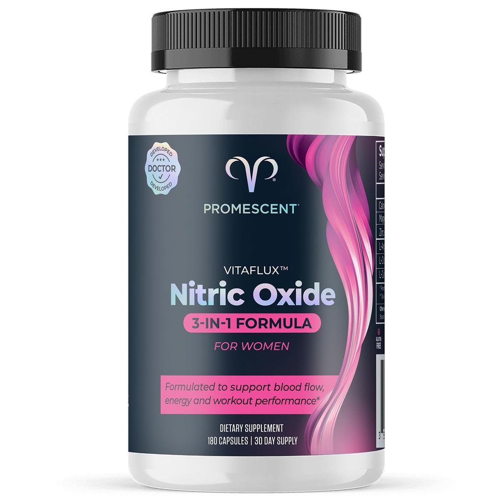 Promescent VitaFLUX Women's Nitric Oxide Booster Supplement, Boost Energy & Performance - Therapeutic Dose of Essential Amino Acids L Arginine, L Citrulline, L Carnitine, Zinc (180 Capsules)