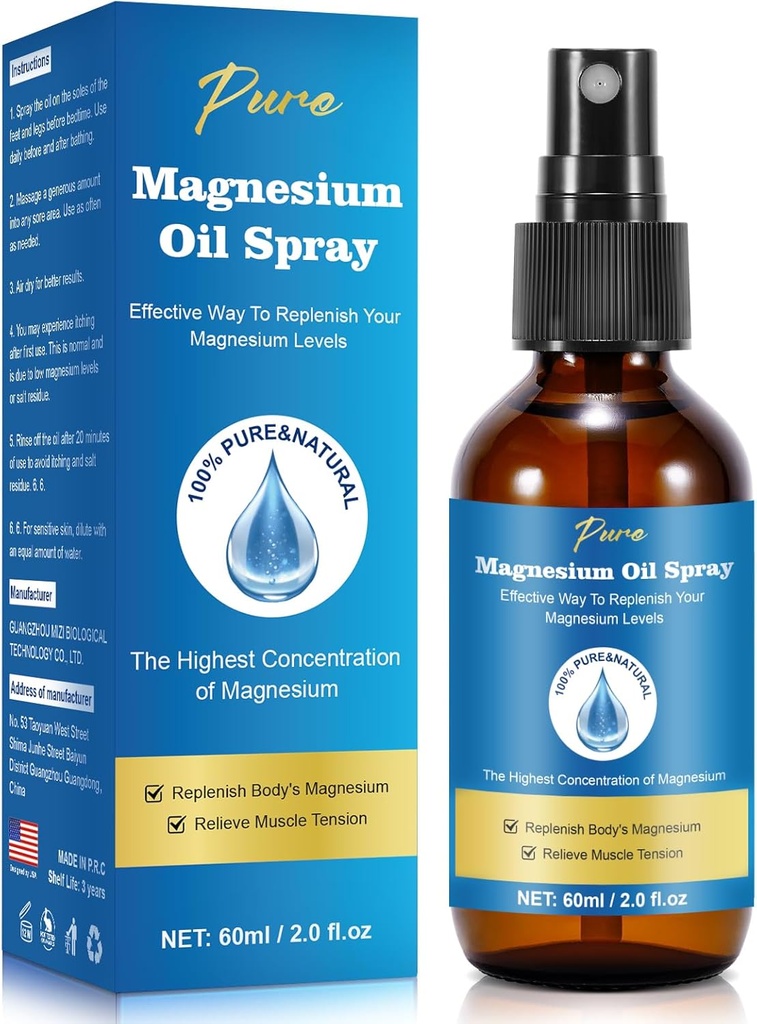 Pure Magnesium Oil Spray, Magnesium Spray, Magnesium Oil for Feet, Magnesium Glass Flaske, 2 fl oz / 60ml, Let at Absorb og Brug